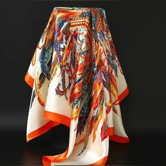 ✨NEW Tropical Feather Print silk like Scarf - Picture 2 of 7